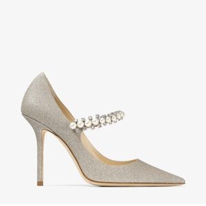 Jimmy Choo Baily 100, Platinum Ice Dusty Glitter Pumps w/ Crystal & Pearl Strap